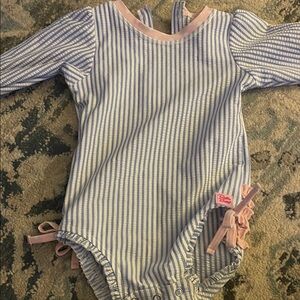 Ruffle Butts Blue and White Striped Bodysuit with Pink Accents